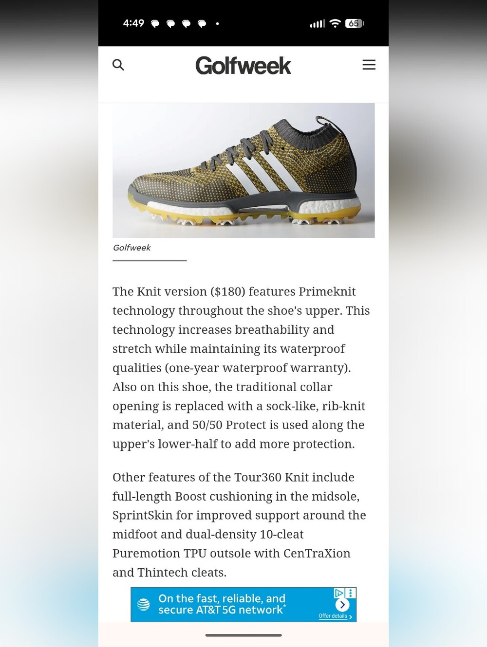 Adidas Tour360 Knit Core Golf Shoes - size 10, Grey/Yellow